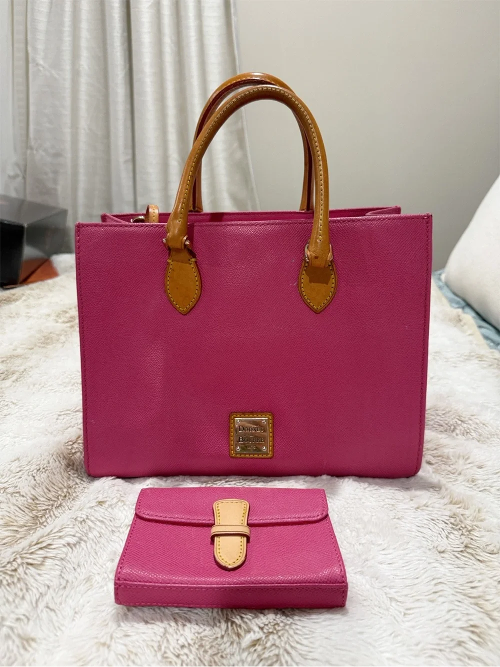 Dooney & Bourke PINK Tote with Tan Leather Handles & matching wallet.
